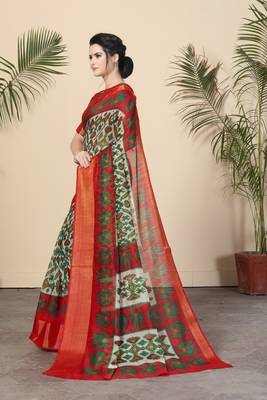 White Printed Cotton Saree With Blouse 4
