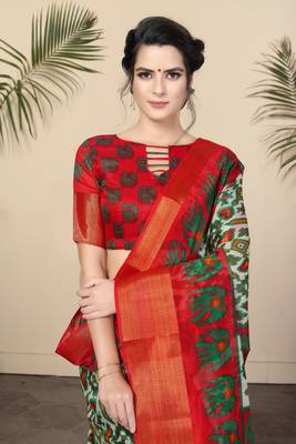 White Printed Cotton Saree With Blouse 5