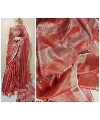 Radish Colur Tissue Linen Handwoven Saree With Blouse Piece 1