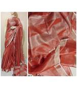 Radish Colur Tissue Linen Handwoven Saree With Blouse Piece