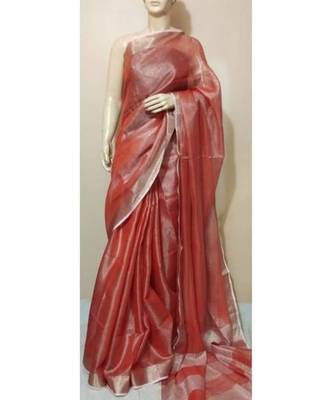 Radish Colur Tissue Linen Handwoven Saree With Blouse Piece 2