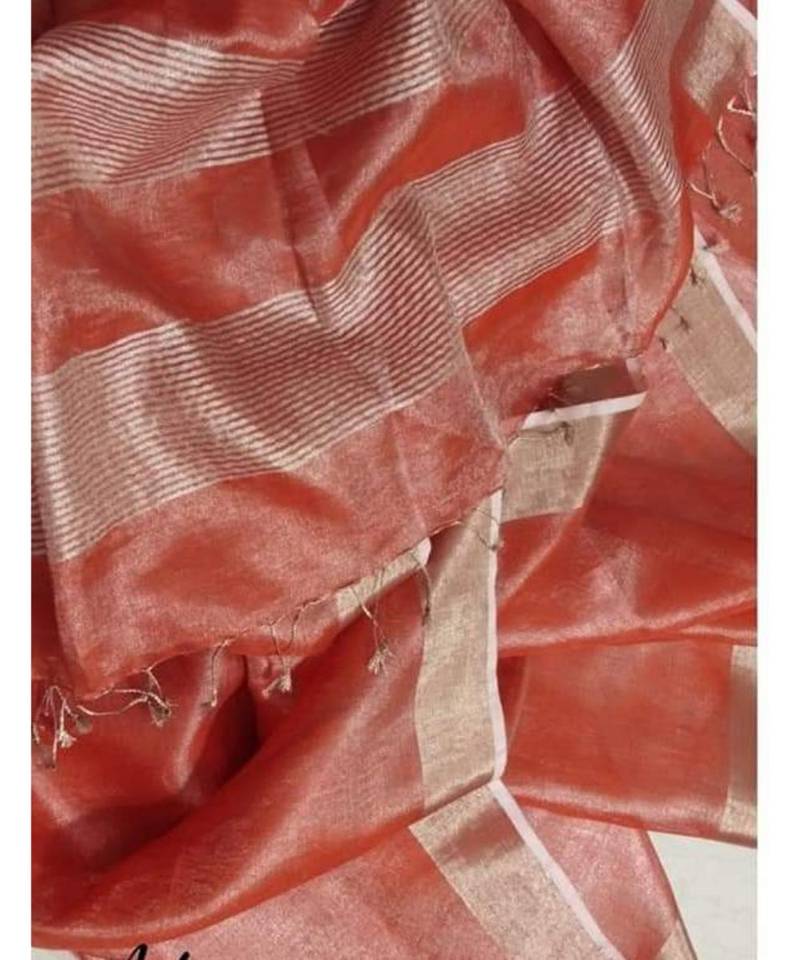 Radish Colur Tissue Linen Handwoven Saree With Blouse Piece
