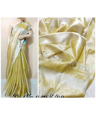 Lemon Yellow Colur Tissue Linen Handwoven Saree With Blouse Piece 1