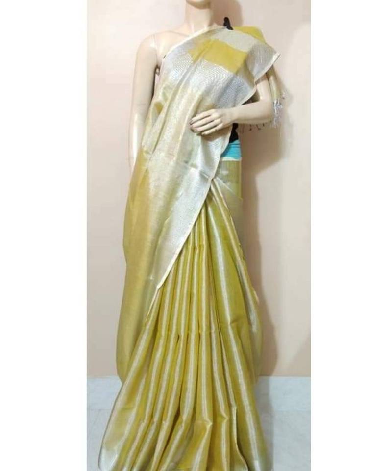 Lemon Yellow Colur Tissue Linen Handwoven Saree With Blouse Piece