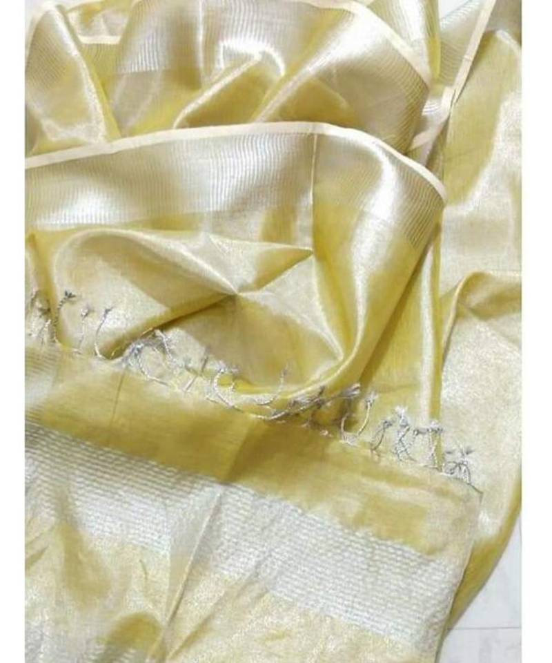 Lemon Yellow Colur Tissue Linen Handwoven Saree With Blouse Piece