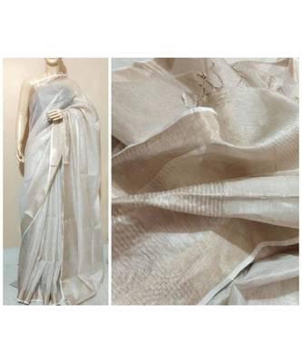 Silver Tissue Linen Handwoven Saree With Blouse Piece 1