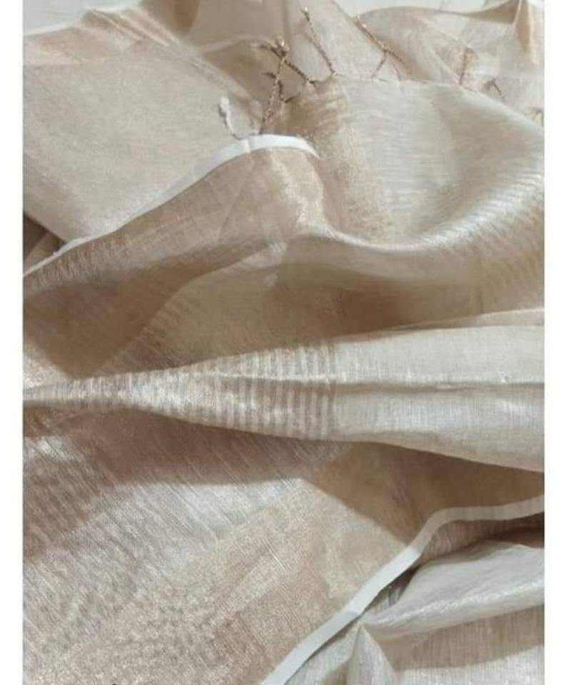 Silver Tissue Linen Handwoven Saree With Blouse Piece