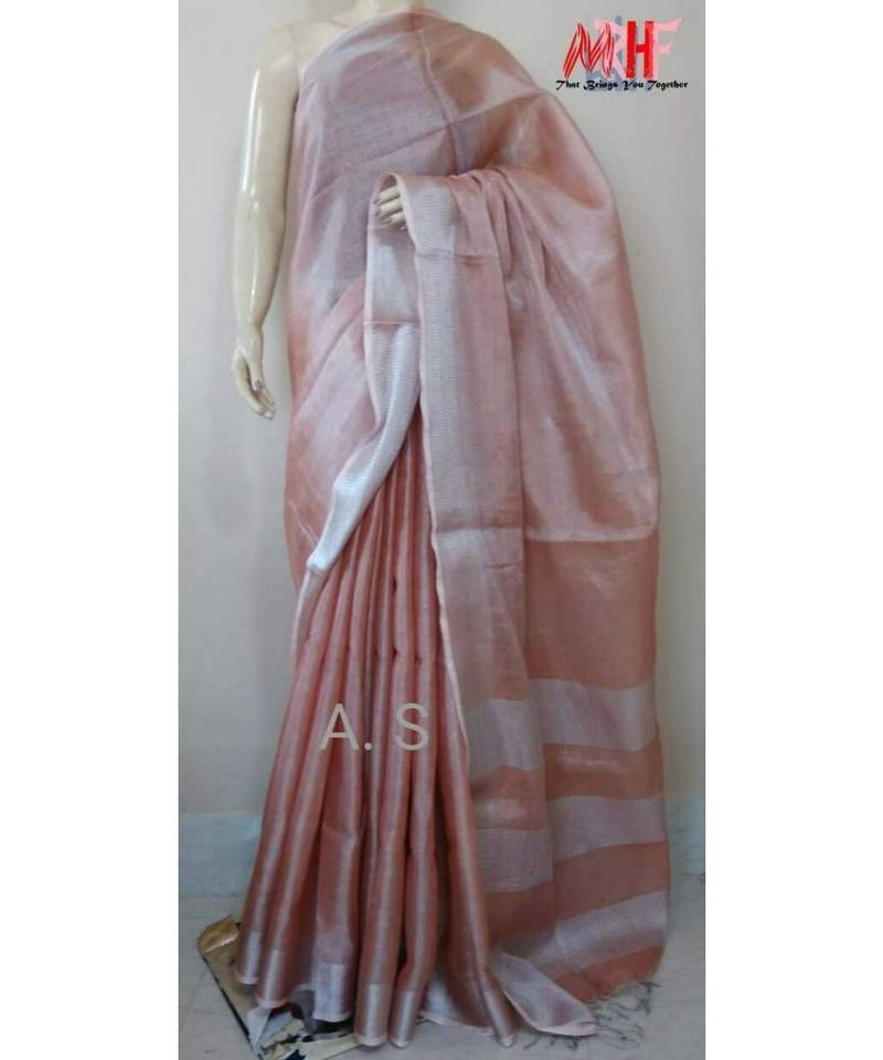 Peach Colur Tissue Linen Handwoven Saree With Blouse Piece
