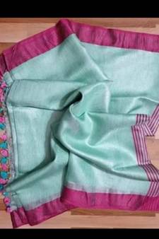 Tissue Linen Handwoven Saree With Contrast Border And Blouse Piece