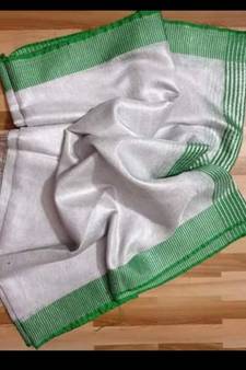 Tissue Linen Handwoven Saree With Contrast Border And Blouse Piece