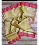 Tissue Linen Handwoven Saree With Contrast Border And Blouse Piece
