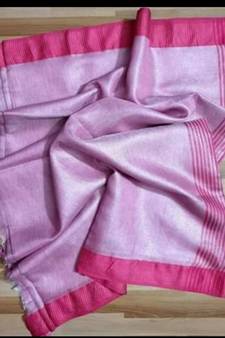 Tissue Linen Handwoven Saree With Contrast Border And Blouse Piece