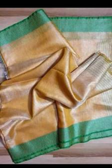 Tissue Linen Handwoven Saree With Contrast Border And Blouse Piece