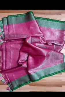 Tissue Linen Handwoven Saree With Contrast Border And Blouse Piece