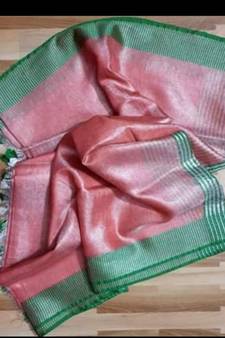 Tissue Linen Handwoven Saree With Contrast Border And Blouse Piece