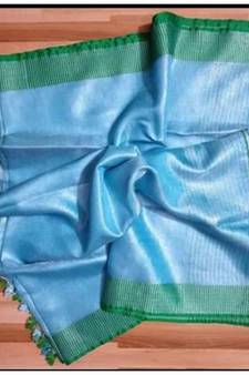 Tissue Linen Handwoven Saree With Contrast Border And Blouse Piece