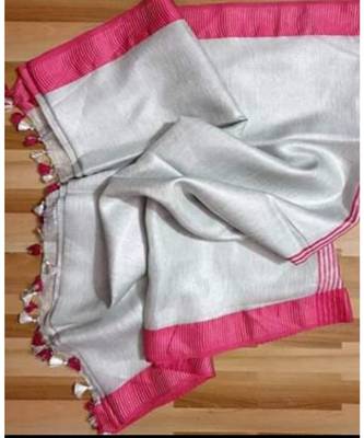 Tissue Linen Handwoven Saree With Contrast Border And Blouse Piece 1