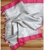 Tissue Linen Handwoven Saree With Contrast Border And Blouse Piece