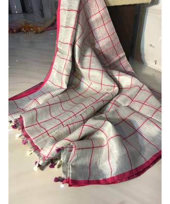 Check Tissue Linen Handwoven Saree With Contrast Border And Blouse Piece 1