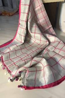 Check Tissue Linen Handwoven Saree With Contrast Border And Blouse Piece