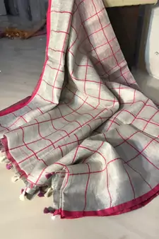 Check Tissue Linen Handwoven Saree With Contrast Border And Blouse Piece