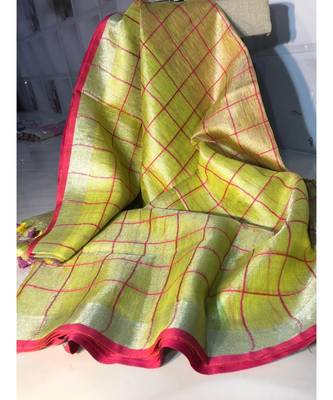 Check Tissue Linen Handwoven Saree With Contrast Border And Blouse Piece 1