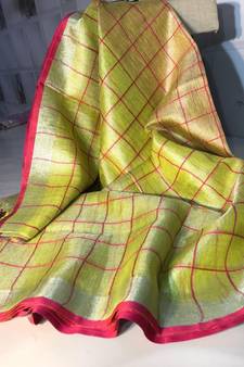 Check Tissue Linen Handwoven Saree With Contrast Border And Blouse Piece