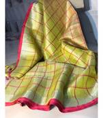 Check Tissue Linen Handwoven Saree With Contrast Border And Blouse Piece