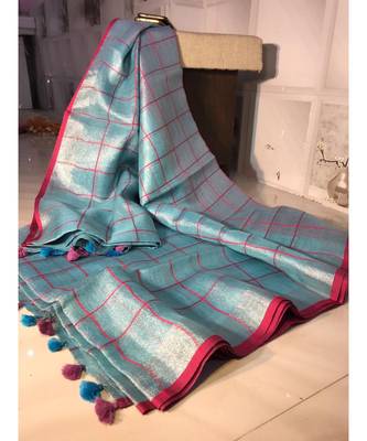 Check Tissue Linen Handwoven Saree With Contrast Border And Blouse Piece 1