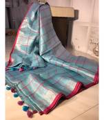Check Tissue Linen Handwoven Saree With Contrast Border And Blouse Piece