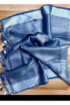 Blue Tissue Linen Handwoven Saree With Contrast Border And Blouse Piece
