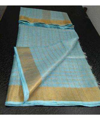 Small Check Light Blue Tissue Linen Handwoven Saree With Contrast Border And Blouse Piece 1