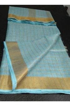 Small Check Light Blue Tissue Linen Handwoven Saree With Contrast Border And Blouse Piece