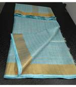 Small Check Light Blue Tissue Linen Handwoven Saree With Contrast Border And Blouse Piece