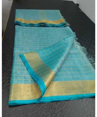 Small Check Blue Tissue Linen Handwoven Saree With Contrast Border And Blouse Piece 1