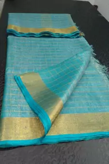 Small Check Blue Tissue Linen Handwoven Saree With Contrast Border And Blouse Piece