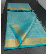 Small Check Blue Tissue Linen Handwoven Saree With Contrast Border And Blouse Piece