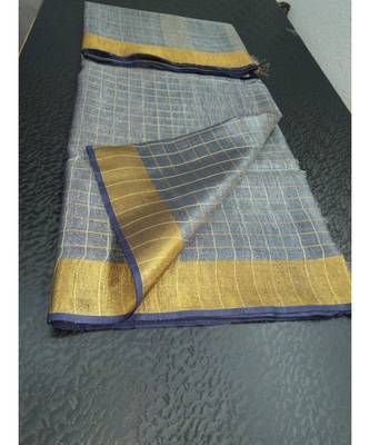 Small Check Greyish Blue Tissue Linen Handwoven Saree With Contrast Border And Blouse Piece 1