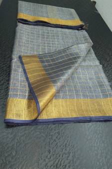 Small Check Greyish Blue Tissue Linen Handwoven Saree With Contrast Border And Blouse Piece