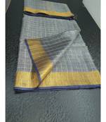 Small Check Greyish Blue Tissue Linen Handwoven Saree With Contrast Border And Blouse Piece