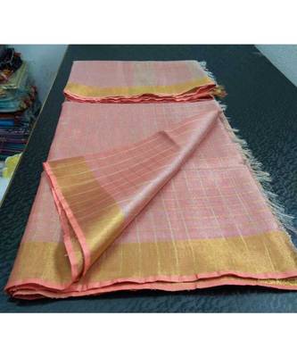 Small Check Light Pink Tissue Linen Handwoven Saree With Contrast Border And Blouse Piece 1