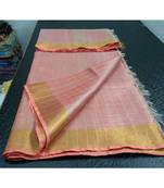 Small Check Light Pink Tissue Linen Handwoven Saree With Contrast Border And Blouse Piece