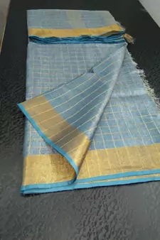 Small Check Blue Tissue Linen Handwoven Saree With Contrast Border And Blouse Piece