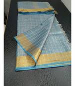 Small Check Blue Tissue Linen Handwoven Saree With Contrast Border And Blouse Piece