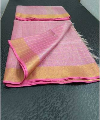 Small Check Pink Tissue Linen Handwoven Saree With Contrast Border And Blouse Piece 1