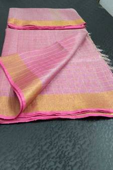 Small Check Pink Tissue Linen Handwoven Saree With Contrast Border And Blouse Piece