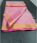 Small Check Pink Tissue Linen Handwoven Saree With Contrast Border And Blouse Piece