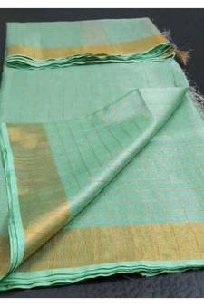Small Check Green Tissue Linen Handwoven Saree With Contrast Border And Blouse Piece