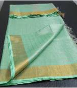 Small Check Green Tissue Linen Handwoven Saree With Contrast Border And Blouse Piece