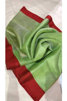 Tissue Linen Handwoven Saree With Contrast Border And Blouse Piece